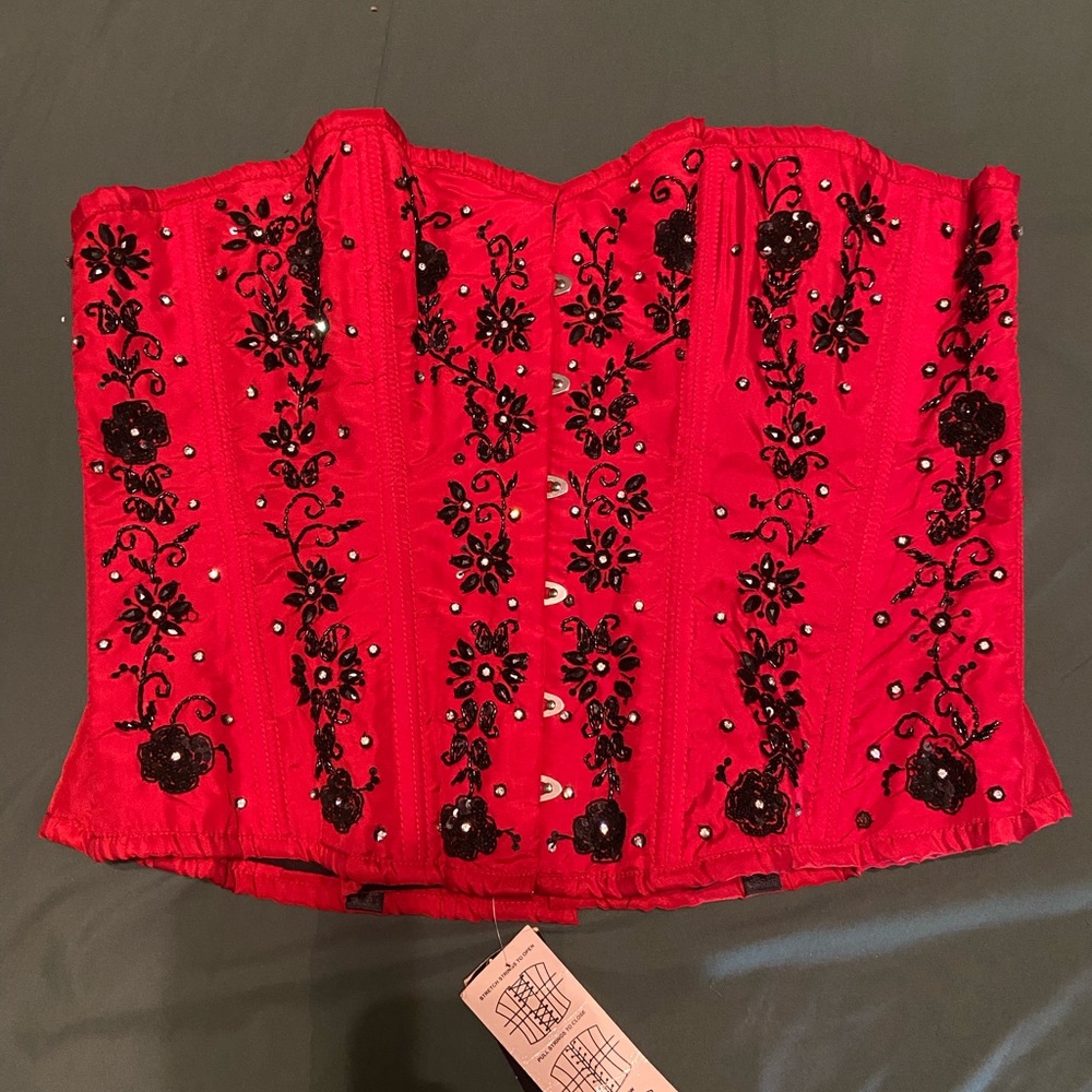 RED BEADED AND EMBROIDERED CORSET